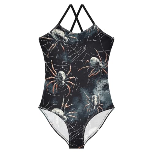 Pigsaly Girls One Piece Swimsuits Watercolor White Spider Webs Black Spiders Kids Cross Back Swimwear Sport Bathing Suit 3T