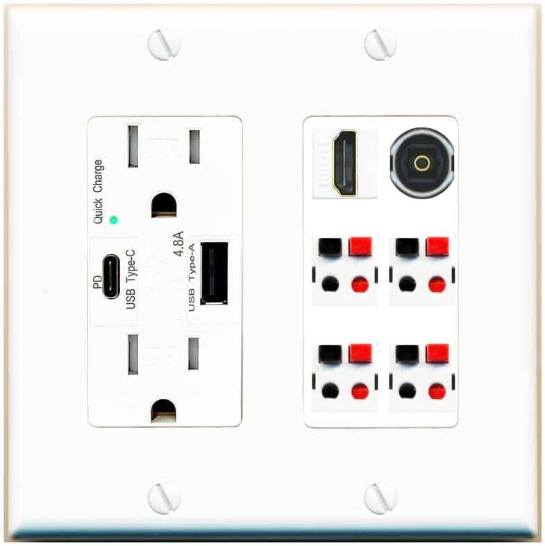 RiteAV 4 Speaker 1 Toslink-Optical HDMI Wall Plate - USB A+C Outlet [White]