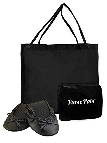Solemates Purse Pal Foldable Bowed Ballet Flats w/Expandable Tote Bag for Carrying Heels (Medium (7-8.5), Black)