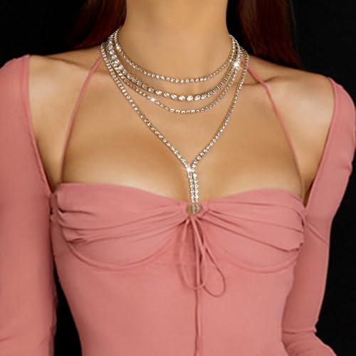 Layered Wedding Choker Rhinestone Necklace Sparkly Long Crystal Neck Chain for Women2