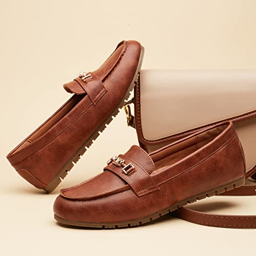 Deyashopin Women's Flats Shoes Leisure Slip On Comfort Boat Shoes Pu(Brown-8.5) #TOP4