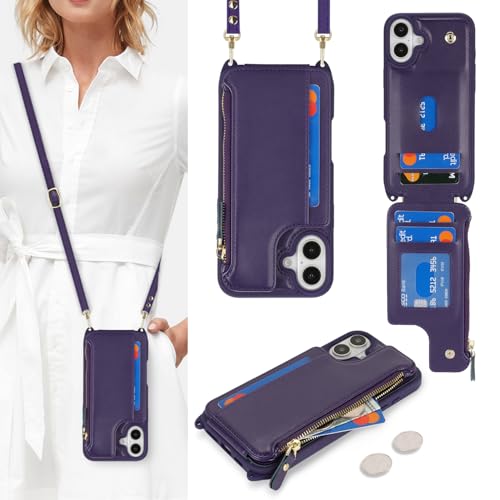 Étui portefeuille iPhone 16 pour femme avec fermeture éclair et bandoulière violet