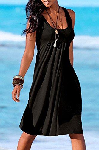 Image of Camisunny Women Casual Loose Tank Dresses Sleeveless Beach Vacation Dress Swing Pleated U Neck Fashion Soft