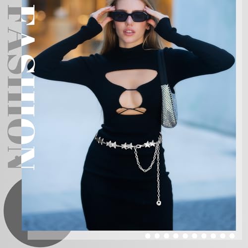 2 Pcs Star Chain Belt for Women, Adjustable Y2K Metal Waist Belt - Punk Body Belt Jewelry for Dresses, Jeans & Rave4