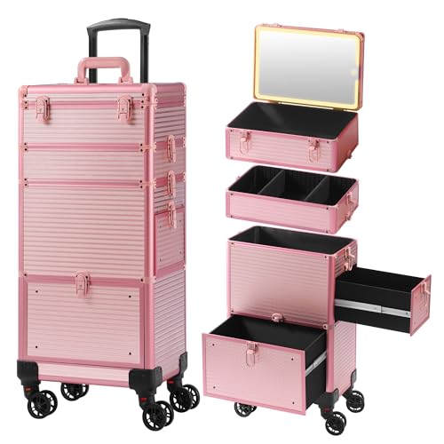 Somduy Makeup Train Case with LED Mirror, Rolling Makeup Case with Drawers, Cosmetology Case on Wheels, Gift, Travel Makeup Organizers, Profesional Cosmetic Case for Salon Barber,Nail,Tattoo, Pink by Somduy - Used condition - CA$171.14
