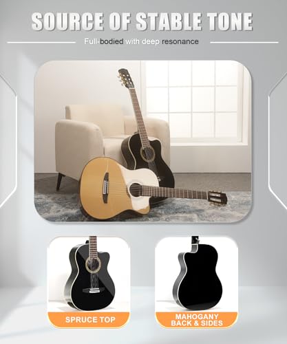 Image of AKLOT 39 inch Cutaway Classical Guitar: Spruce Top with Mahogany Back & Sides, Nylon Strings with Wound Bass Strings, Full Size Acoustic Classical Guitar Set with Bag, Tuner, Capo, Strings & Picks(BZ-OM)