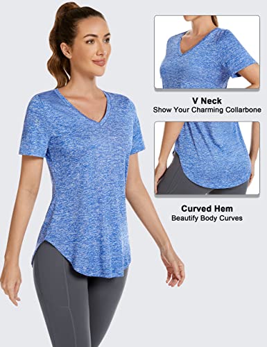 Yoga Shirts For Women Breathable Hiking T Shirt V Neck Workout Stretch Tees Active Jersey Blue #TOP1
