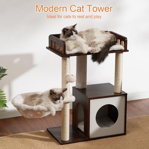 Heybly Cat Tree, Wooden Cat Tower with 3 Scratching Posts, Modern cat Furniture, Cat Condo for Indoor Cats with Wood Cat Cave, Plush Perch, Basket, Pompom, Rustic Brown HCT007SSR - Thumbnail 4