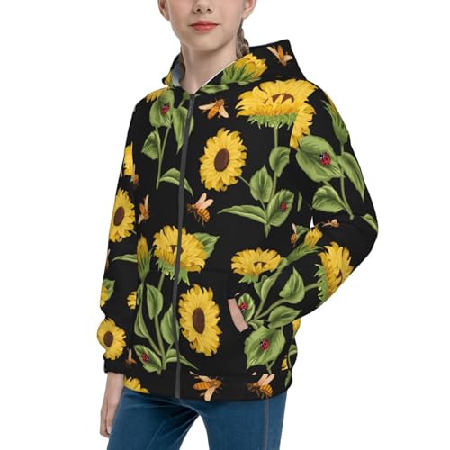 Bees and Sunflowers Kid Hoodies Boys Zip Up Sweatshirts Girls Pullover with Pocket