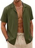 Halfword Uomo Camicia Lino Manica Corta Estiva Casual Risvolto Cotone Hawaiian Tinta Unita Vacanze Beach