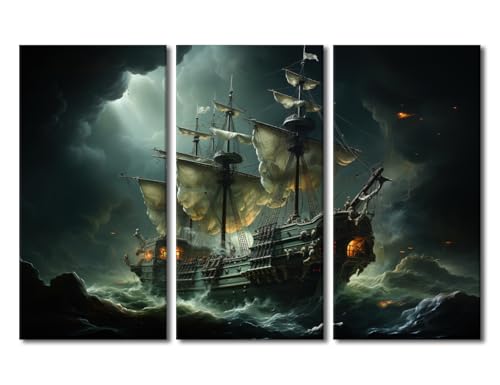 Canvas Wall Art for Living Room Sailboat Wall Art Modern Artwork Contemporary Home Decor Pirate Ship in the Sea on a Full Moon Background Print On Canvas Ready to Hang for Bedroom Office 60x40 in