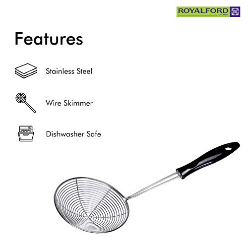 Royalford Stainless Steel Skimmer - Stainless Steel Wire Skimmer Spoon with Handle for Kitchen Frying Food, Pasta, Spaghetti, Noodle, Fries – Hot Pot Net Drainer/Strainer Ladle Strimmer – 11.5 CM