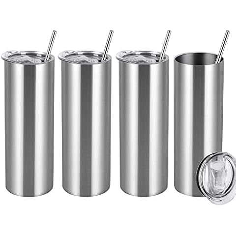 Wzaytia 30 Oz Straight Skinny Tumbler Set, 4 Pack Stainless Steel Slim Tumbler 30 Oz Skinny with Lid and Straw, Insulated Skinny Slim Water Tumbler for Diy, Silver Cover
