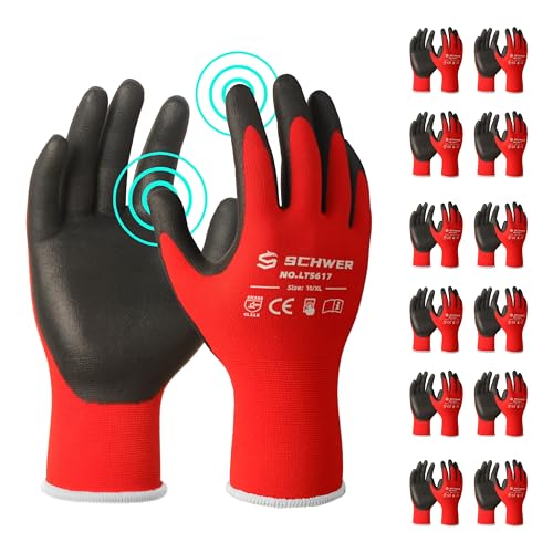 Schwer 12 Pairs Ultra-Comfort Safety Work Gloves MicroFoam Nitrile Coated, Seamless Knit Nylon Glove for Men and Women, Abrasion Resistant, Non Slip, Breathable, LT5617, XL X-Large 12 Pairs