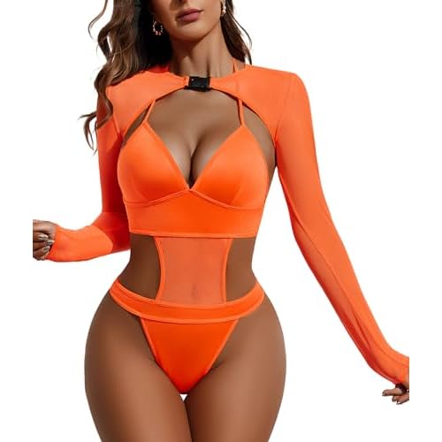 Avidlove Rave Outfits für Damen Sexy Dessous Bodysuit Schnalle Achselzucken Bauchfreies Top Set Orange XL