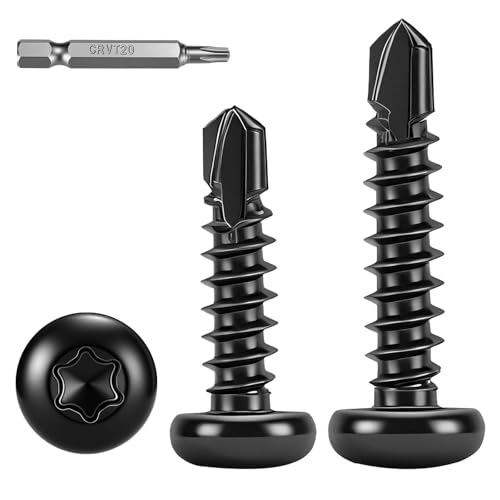 FandWay 100 Pcs Torx Self Tapping Screws for Metal,M4.2x38mm Round Head Self Drilling Screws,Torx Pan Head Tek Screw 410 Stainless Steel Black Coating Sheet Metal Screw With T20 Bits For Alu Steel.
