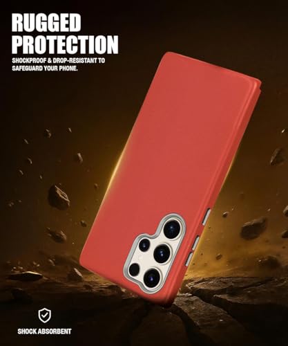 Image of WOW IMAGINE Back Cover for Samsung Galaxy S24 Ultra 5G | Shockproof Tough Leather Texture Hard Mobile Case | Ultra Slim Non-Slip Grip | Inner Velvet Fabric | Metal Camera Ring - Crimson Red