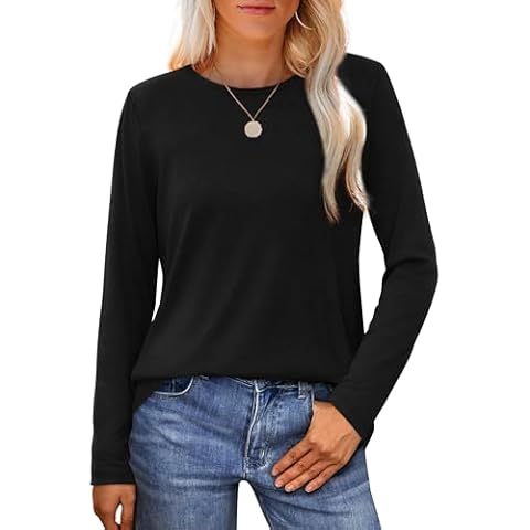 WIHOLL Long Sleeve Shirts for Women Loose Fit Crewneck Basic Black Curved Hem T Shirts Cozy L Cover