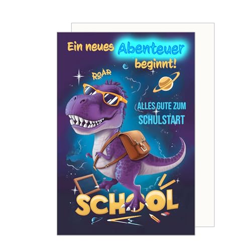Edition Seidel Premium Glückwunschkarte zur Einschulung mit Umschlag. Einschulungskarte Grußkarte Karte zum Schulanfang Schuleinführung Schulstart Spruch Mädchen Junge 1. Klasse Dino (ES147 SW024)