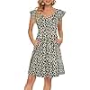 PLOKNRD Summer Dress Women's V-Neck Midi Dresses with Bags Knee Length Petals Short Sleeve Leisure Beach Dresses Leopard Pattern M
