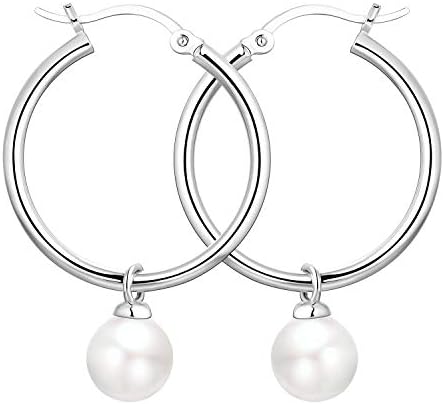 JO WISDOM Pearl Hoop Earrings,925 Sterling Silver 7mm / 8MM Pearl Drop Earrings with White Gold Plated,Wedding Earrings for Women Girl