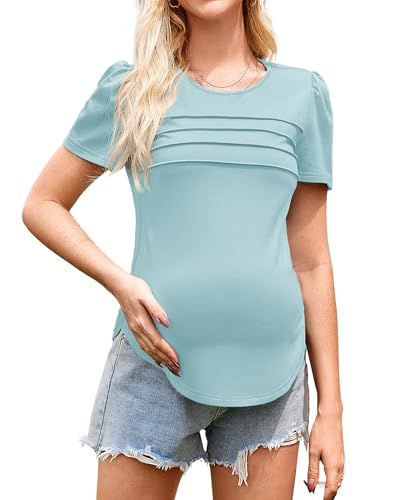 OUGES 2026 Women's Maternity Shirts/Tops Crew Neck Split Short Sleeve Casual Fashion Tee Side Ruched Lightweight Pregnancy Tunics/Blouse/Clothes(Grey Blue,L)