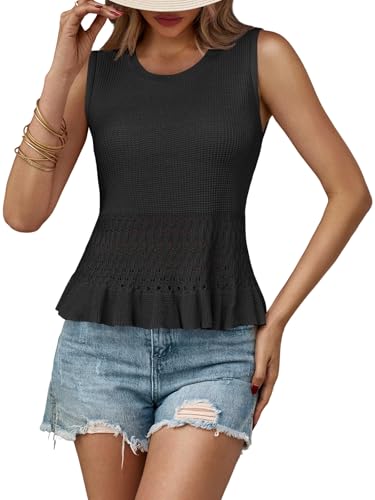 Image of Saodimallsu Womens Crochet Tank Top Sweater Vest | Sleeveless,Crew Neck,Pullover Top, Ruffle,Boho,Knit,Beach Vacation Outfits