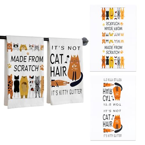 Ziyonix Aurafly Lot de 2 Torchons de Cuisine Chat, 45x66cm Serviettes de Cuisine Torchon Vaisselle Coton Essuie Main Absorbante Accroche Serviettes de Bar pour Crémaillère Cuisine
