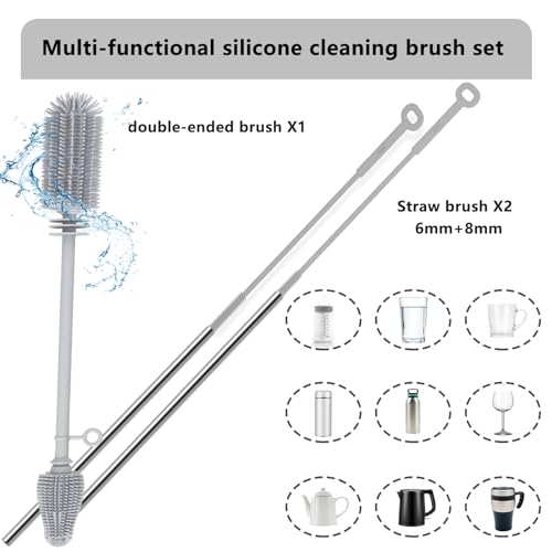 Silicone Bottle Brush and Straw Cleaner Set,Water Bottle Brush Double-Headed,Straw Brush Silicone,Bottle Cleaner Brush for Thermoses and Sports/Water Bottles/Dish/Cup (Grey)