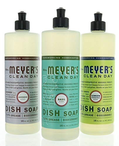A Mrs Meyer's Liquid Dish Soap Variety 3 Pack 16 oz Each Lemon, Lavender, Basil
