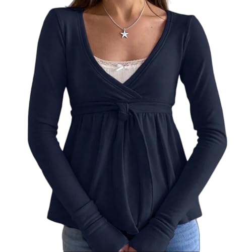 Women Long Sleeve Babydoll Tops Cute Y2k Fairy Grunge V Neck Peplum Blouse Vintage Slim Fit Girls Teens Tee Shirts Aesthetic (Tie Up Blue, L)