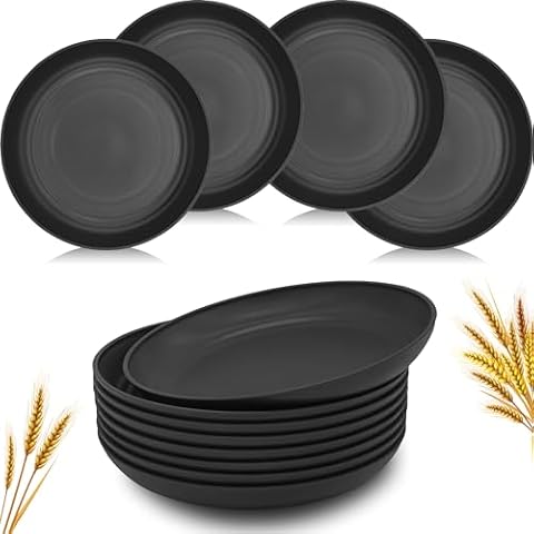 Wlirantim 7.8 Inch Black Wheat Straw Plates,Unbreakable Small Dinner Plates Set of 8,Plastic Plates,Dishwasher Safe,Reusable Lightweight Dinnerware Dessert plate set for kitchen,Camping Cover