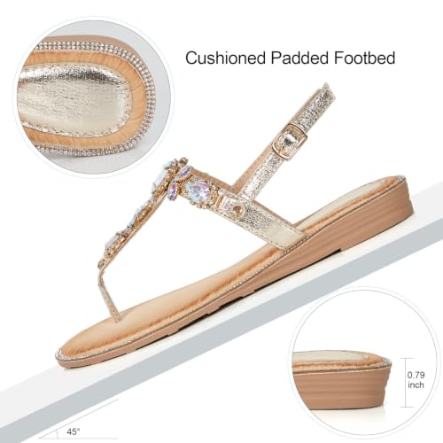 Image of iCKER Womens Rhinestone T‑Strap Flat Sandals Adjustable Ankle Strap Jeweled | for Dress,Vacation,Wedding,Party Evening and Formal Special Occasions