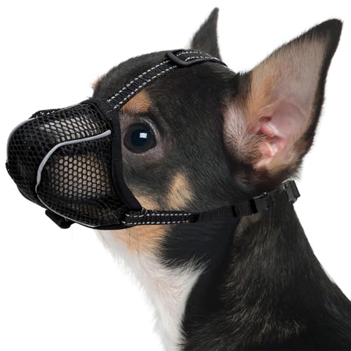 VZU Maulkorb für Hunde, Atmungsaktiv, Reflektierend, Verstellbarer Hundemaulkorb für Kleine Mittelgroße und Große, Verhindert Kauen, Fressen, Beißen, Mesh Haustiermaske (1, Schwarz, XS)