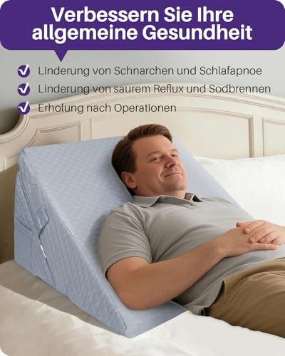 Kekoy Verstellbares Keilkissen Bett: Schlafapnoe, Säure Reflux, Rückenschmerzen, Schnarchen. Genesung – Memory-Schaum Reflux Kissen, waschbare Hülle, Griff (Grau, 23 und 30,5 cm)