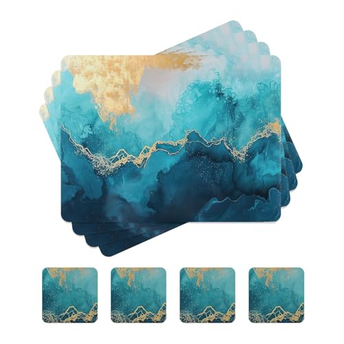 fanquare Manteles Individuales de Corcho Rectangulares y Posavasos Juego de 4 Azul Tinta y Lavado Pintura Mármol para Mesa Impermeable Resistente al Calor para del Hogar
