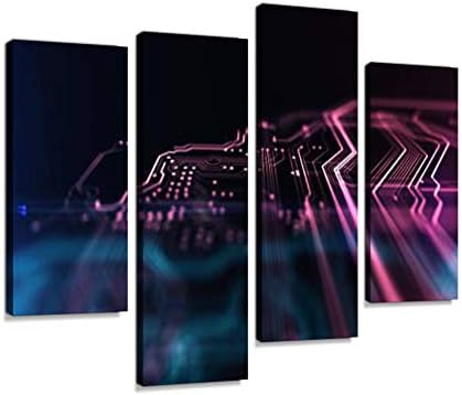 Technology background PCB and code. 3d Illustration Canvas Wall Art Hanging Paintings Modern Artwork Abstract Picture Prints Home Decoration Gift Unique Designed Framed 4 panel