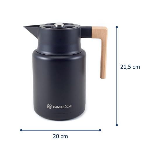Foto von Hanseküche Thermoskanne 1,4L aus hochwertigem Edelstahl - Isolierkanne, Kaffekanne mit edlem Holzgriff (Schwarz)