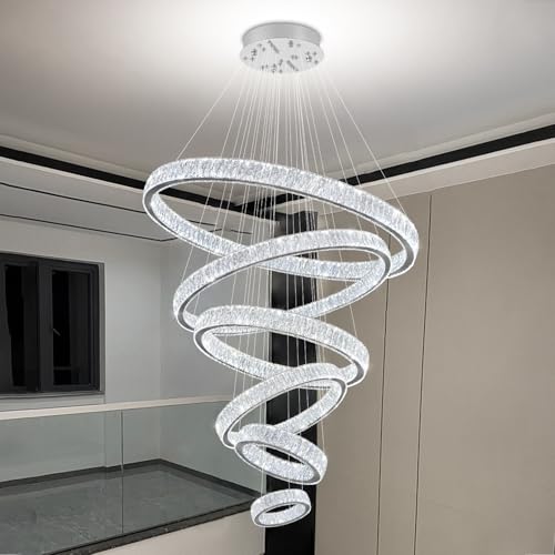 IDEQUY Extra Large 6 Ring Crystal Chandelier Modern LED Long Crystal Chandelier for High Ceiling Height Adjustable D8+15.7"+23.6"+31.5"+39.4"+47.5" Dimmable 2700K-6000K by IDEQUY - Image 3