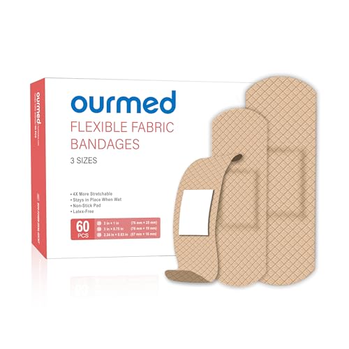 Ourmed Flexible Fabric Adhesive Bandages 60 Count Latex Free First Aid Bandage with Non-Stick Pad for Wound Care Cuts Scrapes Blisters Assorted Sizes