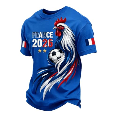 Maillot de Foot Supporter France Football Coupe du Monde 2026 Tee Shirt Drapeau Français, T-Shirt Homme Drapeau Coq Gaulois Vintage 02-Bleu Royal S