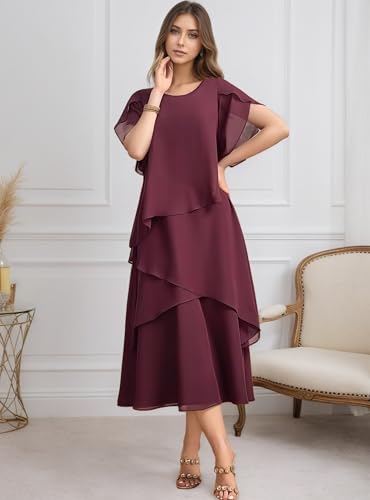 Tea Length Mother of The Bride Dresses for Women Chiffon Short Sleeve Wedding Guest Dress MM0012