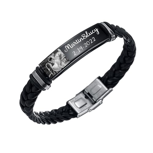 Svyqwmz Pulseras personalizadas con foto para hombres nombre grabado texto pulseras de cuero trenzado pulseras conmemorativas regalos de cumpleaños