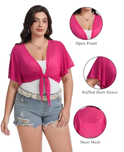 Image of Women Crop Cardigan Sheer Mesh Bolero Shrugs for Dresses Plus Size Tie Front Cardigans Ruffled Short Sleeve Tops