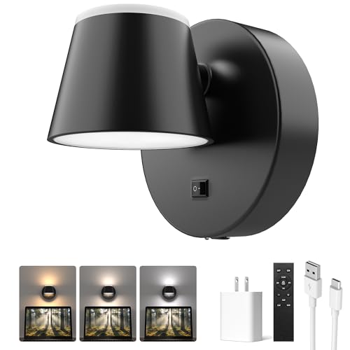 URSOLA Battery Operated Wall Lights with Remote, LED Rechargeable Battery Wall Sconce with 9000mAh 3CCT and Dimmable Magnetic 360° Rotation Cordless Light for Bedroom（Black）