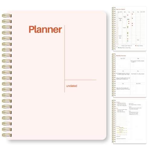 Undated Weekly Planner, 8.5" x 11", Dashboard Layout with Yearly Review, Monthly Calendars, & Weekly To Do List, Spiral Bound Organizer for Work, Study & Life (Blush White)