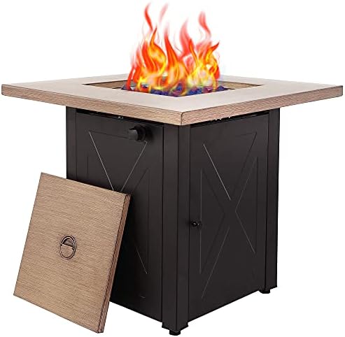 LEGACY HEATING Propane Fire Pit Table 28 inch Outdoor Gas Fire Pit Table, 50,000 BTU Steel 28" Fire Table with Lid and Lava Rock, Square Beige and Black Firepit Table for Outside Patio Backyard Garden