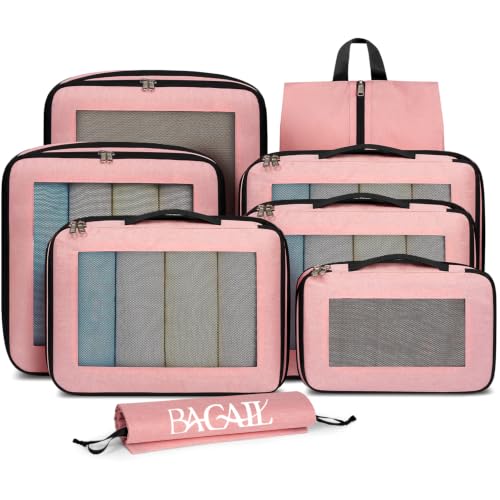 Image of BAGAIL Compression Packing Cubes for Travel Essentials, 8 Set-Pink | Tear‑Resistant Fabric, Space‑Saving, Visible Mesh Panel, Vibrant Color Choices, Travel, Camping & Cruise, Home Storage