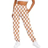 IYOWEL レディース チェック柄パンツ バギースウェットパンツ ドローストリング ゴムウエスト Y2K アスレチック ジョガー ラウンジパンツ ポケット付き, オレンジ ホワイト, X-Large