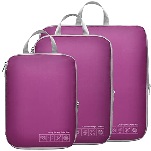 Compression Packing Cubes for Travel, 3 Pack Expandable Luggage Packing Organizers, Travel Accessories Compression Cubes for Suitcases, Purple